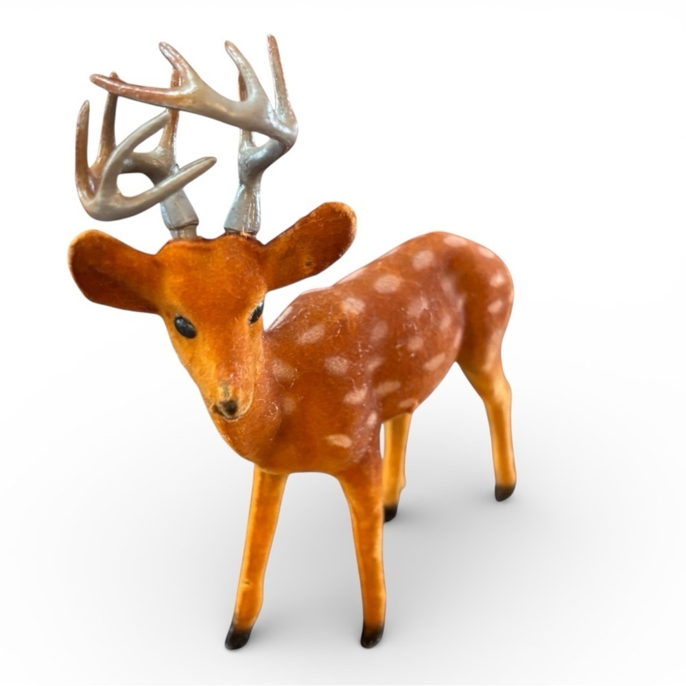 Vintage Flocked Velvet Reindeer Figure Brown Gray Antlers Decor